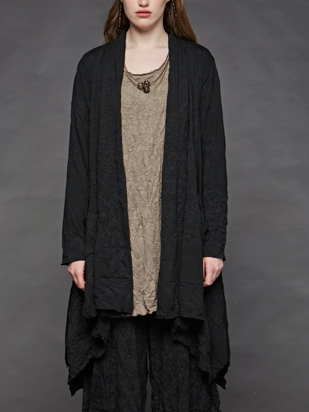 LUUKAA Crinkled Duster Cardigan, Asymmetrical Hem, Drape, Black Sz 5 (14-16)